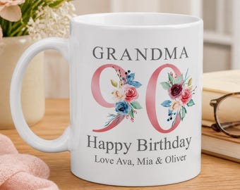 Personalised 90th Mug Birthday Mug, 90th Birthday Gift, Custom Gift For Mum, Aunt, Nan, Sister, Nanny, 1931 Milestone Age, Rose Gold Floral