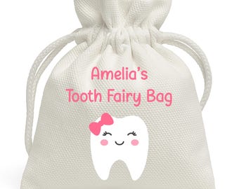 Personalised Tooth Fairy Bag – Custom Name Drawstring Pouch – Luxury Fabric Tooth Bag for Kids – Blue or Pink Bow Design
