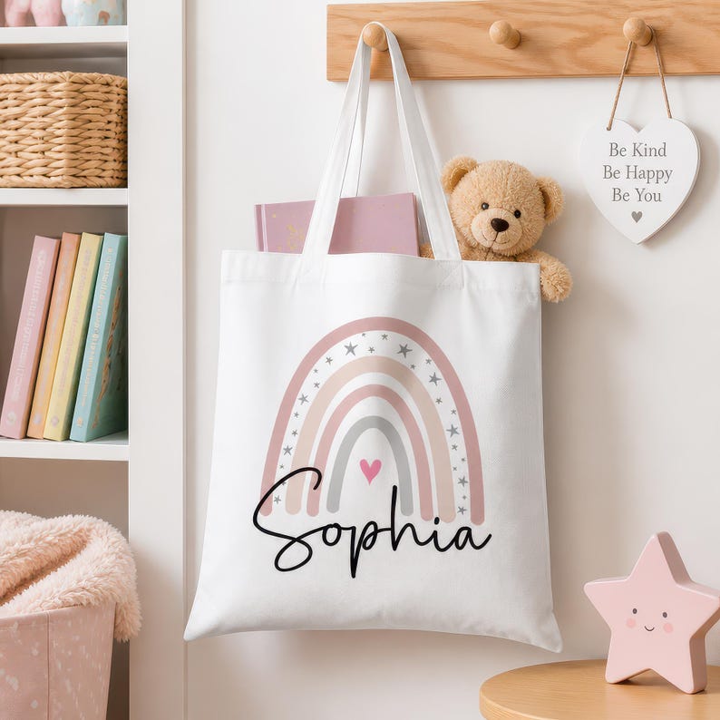 Lifestyle scene - Personalised Tote Bag, Rainbow Tote Bag with Name, Shopper Bag, Kids Tote Bag, Kids Party Bags, Bag For Life, Reusable Bag, Birthday Party
