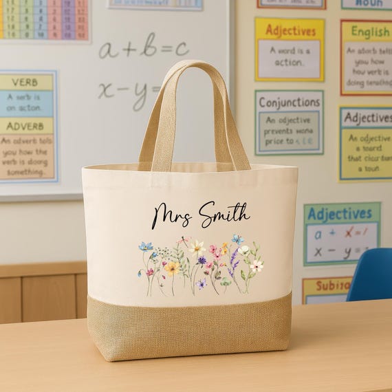 Personalised Floral Teacher Bag with Custom Name TA, Teaching Assistant, Nursery Staff End Term Gift, Thank You Present Hessian Jute Tote