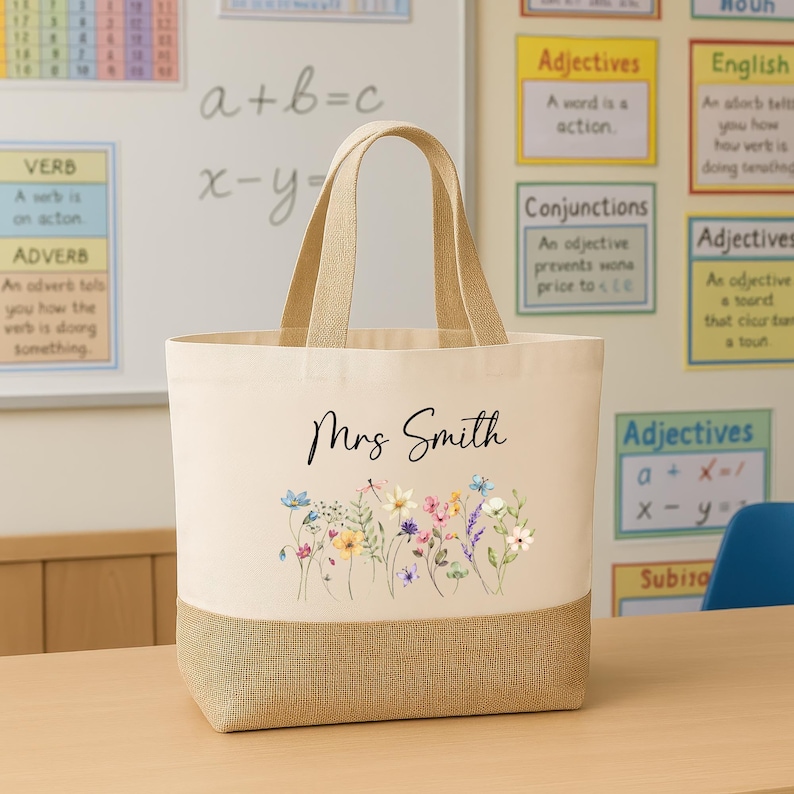 Personalised Floral Teacher Bag with Custom Name TA, Teaching Assistant, Nursery Staff End Term Gift, Thank You Present Hessian Jute Tote image 1