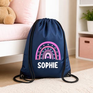 Personalised Rainbow Custom Drawstring Bag for Kids with Name - PE Kit / Gym / Swimming Bag - Ideal for Nursery & Primary School Girls
