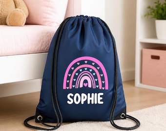 Personalised Rainbow Custom Drawstring Bag for Kids with Name - PE Kit / Gym / Swimming Bag - Ideal for Nursery & Primary School Girls