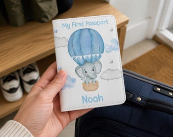 Personalised Passport Cover & Luggage Tag – Custom Travel Gift Set for Kids or Babies – Blue or Pink Elephant Design, My First Passport