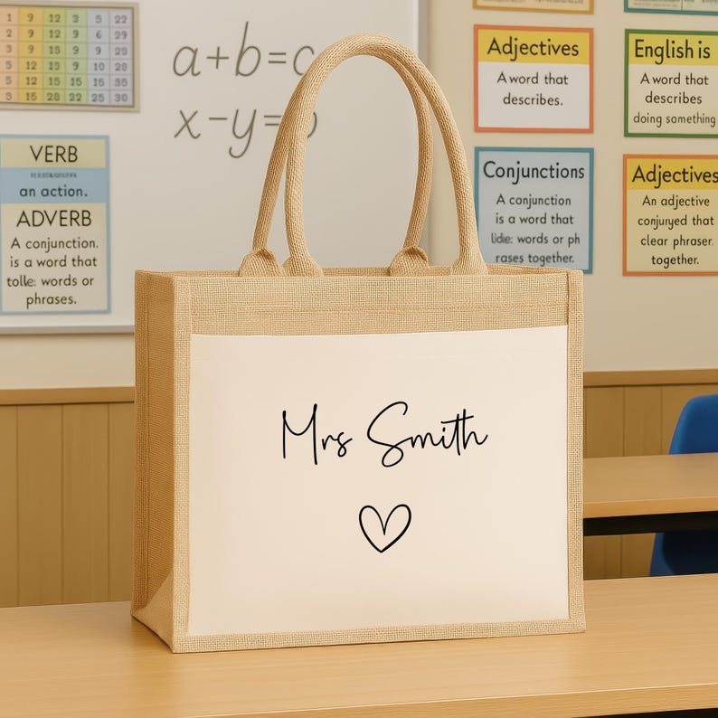 Bolsa de yute personalizada para profesores con nombre personalizado, asistentes de enseñanza, regalo de fin de curso para personal de guardería, regalo de agradecimiento. Large Pocket Jute