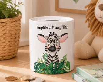 Personalised Children's Zebra Money Box | Ceramic Money Box | Piggy Bank | Coin Pot | 1st Birthday Gift | Jungle Theme Nursery Decor