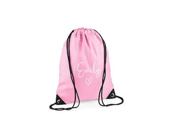 Personalised Name Heart Custom Drawstring Bag for Kids with Name - PE Kit / Gym / Swimming Bag - Ideal for Nursery & Primary School Girls
