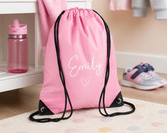 Personalised Name Heart Custom Drawstring Bag for Kids with Name - PE Kit / Gym / Swimming Bag - Ideal for Nursery & Primary School Girls