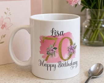 Personalised 70th Mug Birthday Mug, 70th Birthday Gift, Custom Gift For Mum, Aunt, Nan, Sister, Nanny, 1951 Milestone Age, Pink Gold Floral