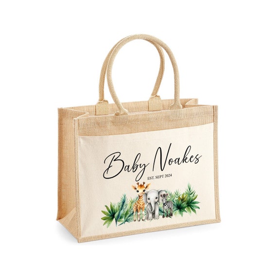 Personalised Safari Jute Bag, Custom Large Baby Bag With Pocket 