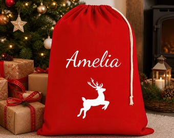 Personalised Christmas Santa Sack with Name - Extra Large Red Gift Bag - Festive House Design