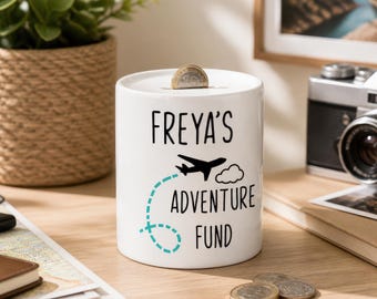 Personalised Adventure Fund Money Box | Piggy Bank | Savings Jar | Money Pot | Ceramic Money Box | Travel Fund | Money Jar | Holiday Fund