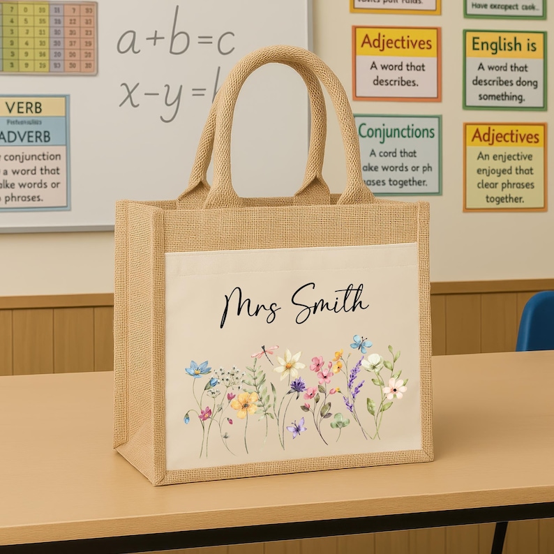 Personalised Floral Teacher Bag with Custom Name TA, Teaching Assistant, Nursery Staff End Term Gift, Thank You Present Hessian Jute Tote image 4