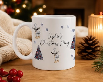Personalised Christmas Mug – Custom Name Reindeer & Tree Design – Festive Holiday Gift for Kids or Adults – Christmas Mug
