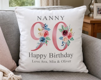 90th Birthday Gift for Women, Personalised Cushion / Pillow for Nanny with Kids Names, Floral Design, Birthday Gift for Grandma, Gran, 1931