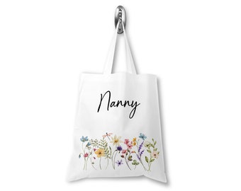 Personalised Floral Bag, Custom Nanny Tote Bag, Any Name, Floral Tote Bag, Teacher Gift, Mothers Day Gift, Mums Day, Nanny, Nan, Mum
