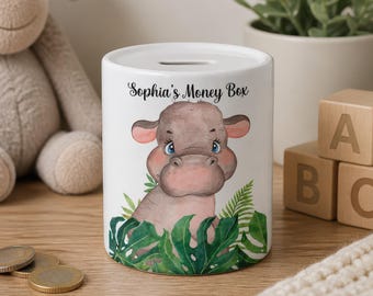 Personalised Children's Hippo Money Box | Ceramic Money Box | Piggy Bank | Coin Pot | 1st Birthday Gift | Jungle Theme Nursery Decor