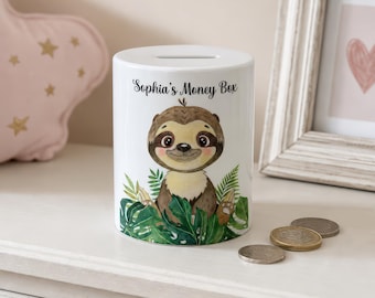 Personalised Children's Sloth Money Box | Ceramic Money Box | Piggy Bank | Coin Pot | 1st Birthday Gift | Jungle Theme Nursery Decor