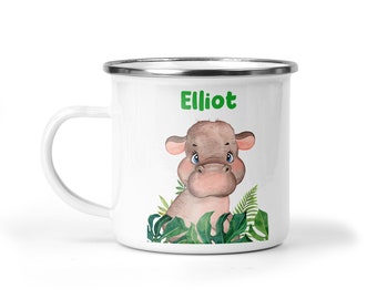 Personalised Childs Mug with Hippo & Name, Custom Kids Christmas Cup, Hot Chocolate Mug, Birthday Gift / Stocking Filler, Boy Girl