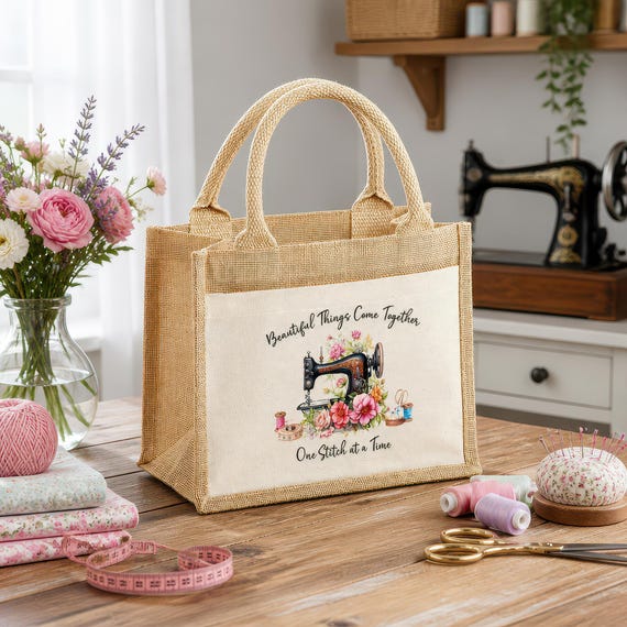 Sewing Jute Tote Bag, Ideal for Sewing - Perfect Gift for Her, Mothers day Gift, Birthday Gift, Mum, Nan, Granny, Nanny, Xmas Gift