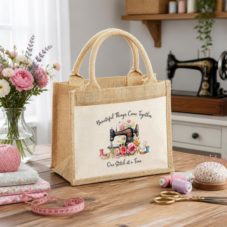 Lifestyle scene - Sewing Jute Tote Bag, Ideal for Sewing - Perfect Gift for Her, Mothers day Gift, Birthday Gift, Mum, Nan, Granny, Nanny, Xmas Gift