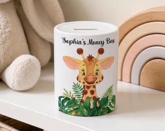 Personalised Children's Giraffe Money Box | Ceramic Money Box | Piggy Bank | Coin Pot | 1st Birthday Gift | Jungle Theme Nursery Decor