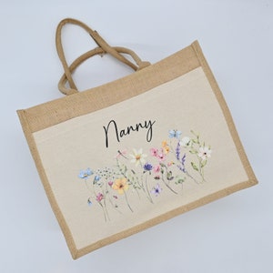 Personalised Jute Bag, Custom Large Shopping Tote Bag with Pocket Birthday / Mothers Day Gift Women, Grandma, Mum, Nanny, Granny, Floral image 5