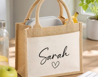 Personalised Jute Lunch Bag with Name & Heart, Personalised Work Bag, Eco Friendly Office Bag, Teacher Bag, Tote Bag, Shopper Bag, Woman Bag