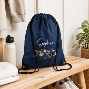 Personalised Floral Custom Drawstring Bag for Kids with Name - PE Kit / Gym / Swimming Bag - Ideal for Nursery & Primary School Girls