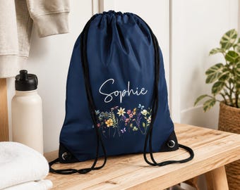 Personalised Floral Custom Drawstring Bag for Kids with Name - PE Kit / Gym / Swimming Bag - Ideal for Nursery & Primary School Girls