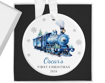 Baby’s First Christmas Ornament 2026 – Personalised Blue Train Bauble with Name & Snowflakes