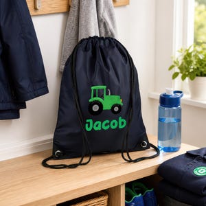 Personalised Tractor Drawstring Bag for Kids - Custom PE Kit / Gym / Swimming Bag - Ideal for Nursery and Primary School Boys and Girls