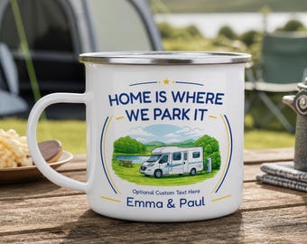 Personalised Campervan Enamel Mug with Names - Home Is Where We Park It Gift