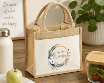 Personalised Floral Lunch Jute Tote Bag with Pocket, Name Lunch Bag, Eco Friendly Lunch Bag, Mothers Day Gift Woman, Mum, Grandma, Nanny