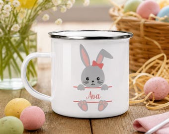 Personalised Easter Bunny Mug with Name, Custom Easter Hot Chocolate Mug, Kids Easter Cup, Easter Gift, Easter Decor, Children's Enamel Mug