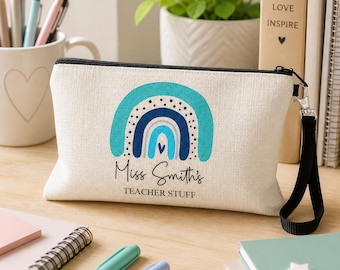 Personalised Teacher Pencil Case | Blue Boho Rainbow Design | End of Term Gift | Nursery Worker | SENCO | Teaching Assistant