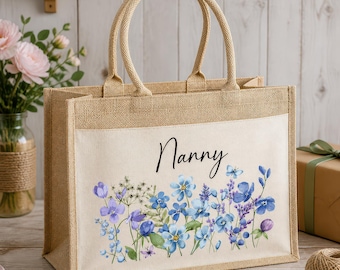 Personalised Nanny Floral Jute Bag, Custom Large Shopping Tote Bag with Pocket Birthday/Mothers Day Gift Women, Grandma, Mum, Granny, Blue
