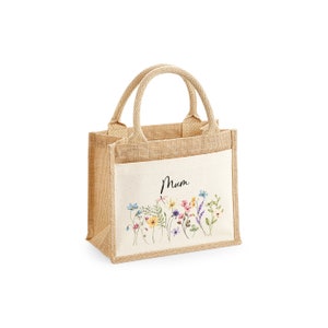 Personalised Jute Bag, Custom Large Shopping Tote Bag with Pocket Birthday / Mothers Day Gift Women, Grandma, Mum, Nanny, Granny, Floral image 3