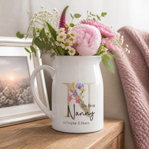 Personalised Floral Milk Jug Vase – Custom Initial Present – Gift for Grandma, Nanny, Nana – Mother’s Day, Birthday, Keepsake