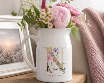 Personalised Floral Milk Jug Vase – Custom Initial Present – Gift for Grandma, Nanny, Nana – Mother’s Day, Birthday, Keepsake