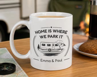 Personalised Campervan Pop Top Mug with Names - Grey Home Is Where We Park It Gift