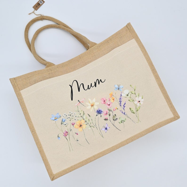 Personalised Jute Bag, Custom Large Shopping Tote Bag with Pocket Birthday / Mothers Day Gift Women, Grandma, Mum, Nanny, Granny, Floral image 10
