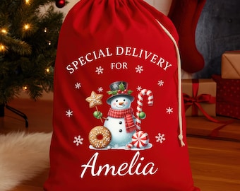 Personalised Christmas Santa Sack with Name - Extra Large Red Gift Bag - Candy Cane Snowman
