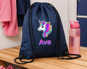 Unicorn Navy Personalised Custom Drawstring Bag for Kids with Name - PE Kit / Gym / Swimming Bag - Ideal for Nursery & Primary School Girls