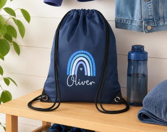 Personalised Rainbow Custom Drawstring Bag for Kids with Name - PE Kit / Gym / Swimming Bag - Ideal for Nursery & Primary School Girls