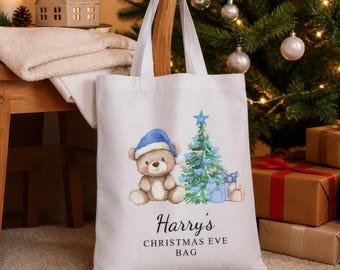 Bolsa de Nochebuena personalizada con osito de peluche y árbol: bolsa con nombre personalizado, bolsa de Navidad con osito de peluche, caja de Nochebuena, bolsa de regalo de Navidad para niños