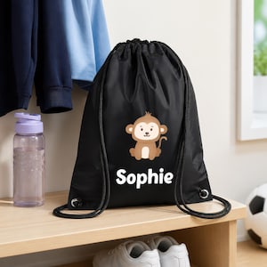 Personalised Monkey Drawstring Bag for Kids - PE Kit / Gym / Swimming Bag - Ideal for Nursery and Primary School Boys and Girls