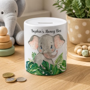 Personalised Children's Elephant Money Box | Ceramic Money Box | Piggy Bank | Coin Pot | 1st Birthday Gift | Jungle Theme Nursery Decor