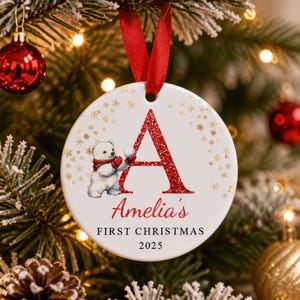 Baby’s First Christmas Ornament 2026 – Personalised Red Glitter Initial & Polar Bear Bauble
