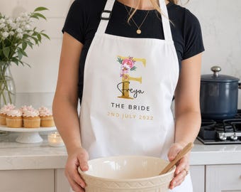 Personalised Wedding Apron, Bride To Be, Bridesmaid Apron, Bride Apron, Floral Initial, Wedding Cover Up Dress Protector, Bride Gift Present
